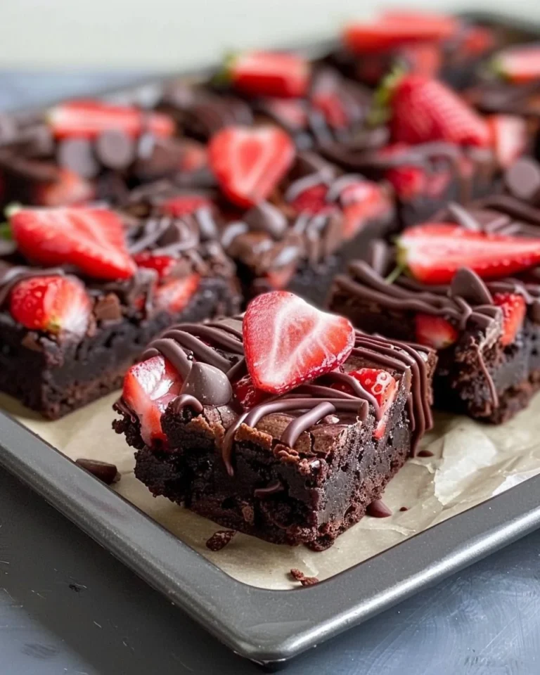 Delicious chocolate covered strawberry brownies on a plate.