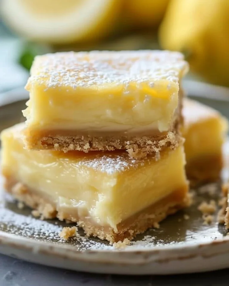 Delicious creamy lemon squares on a plate, perfect for dessert.