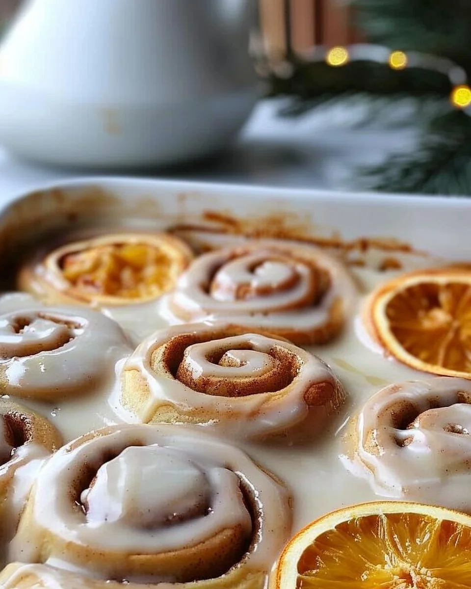 Delicious orange cinnamon rolls topped with icing, freshly baked and fluffy.