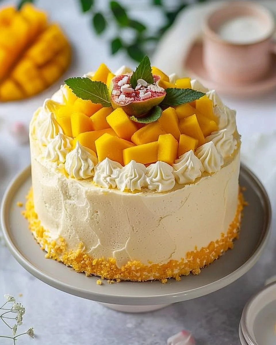 Asian Bakery-Style Mango Cake with fresh mango and creamy frosting
