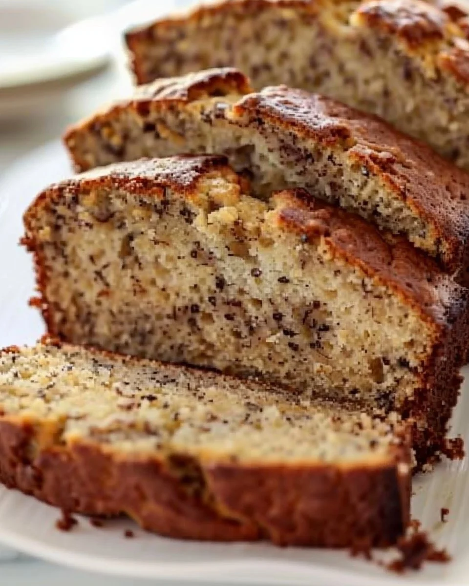 Delicious homemade banana bread loaf with sliced bananas