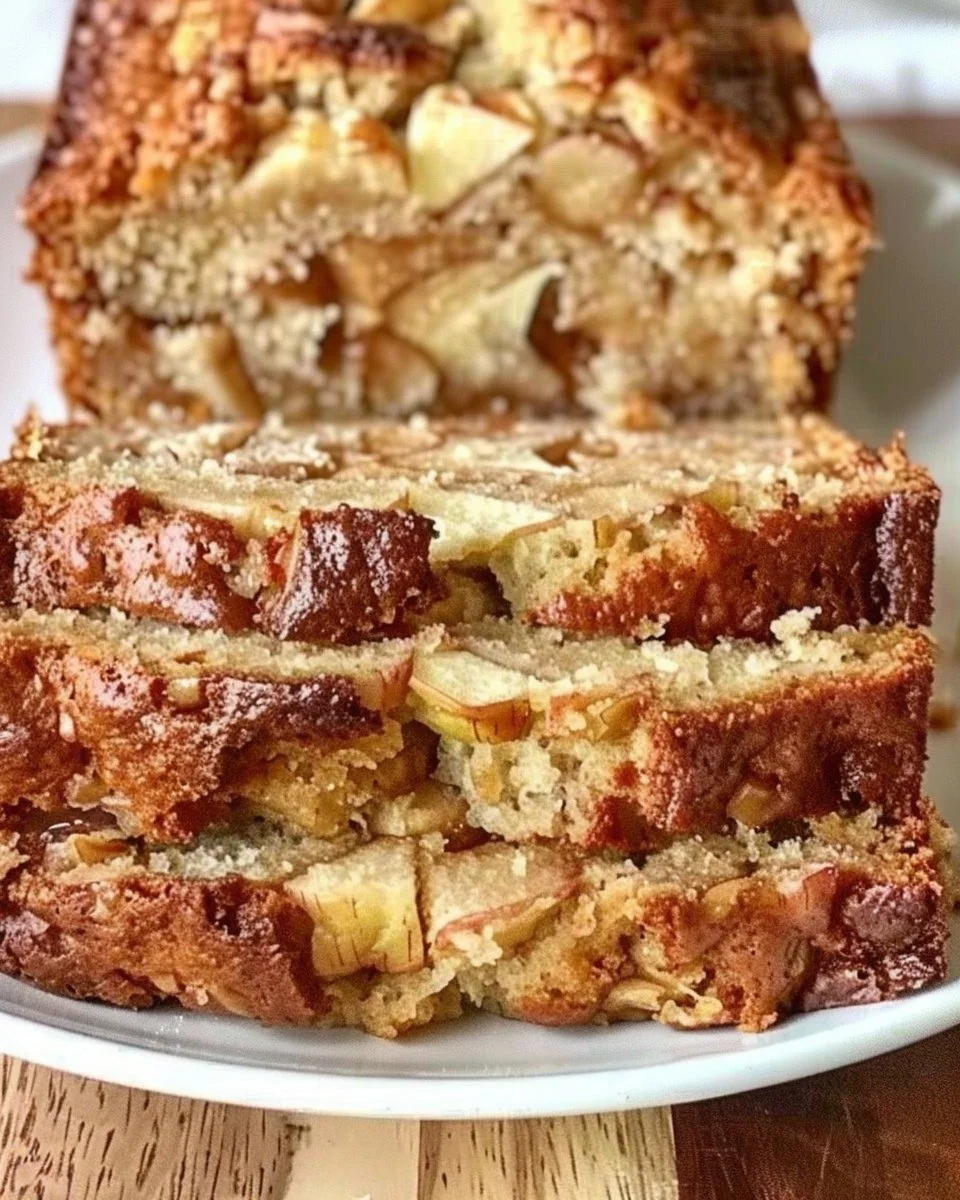Freshly baked apple bread loaf with slices on a wooden cutting board