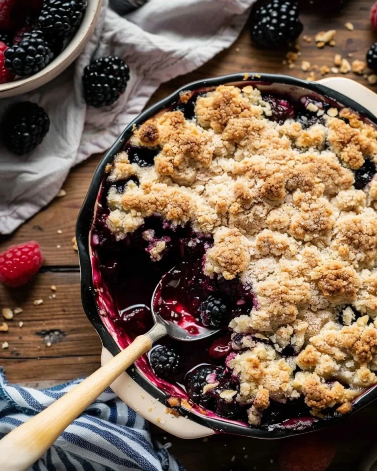 Delicious blackberry crumble topped with golden crust in a baking dish