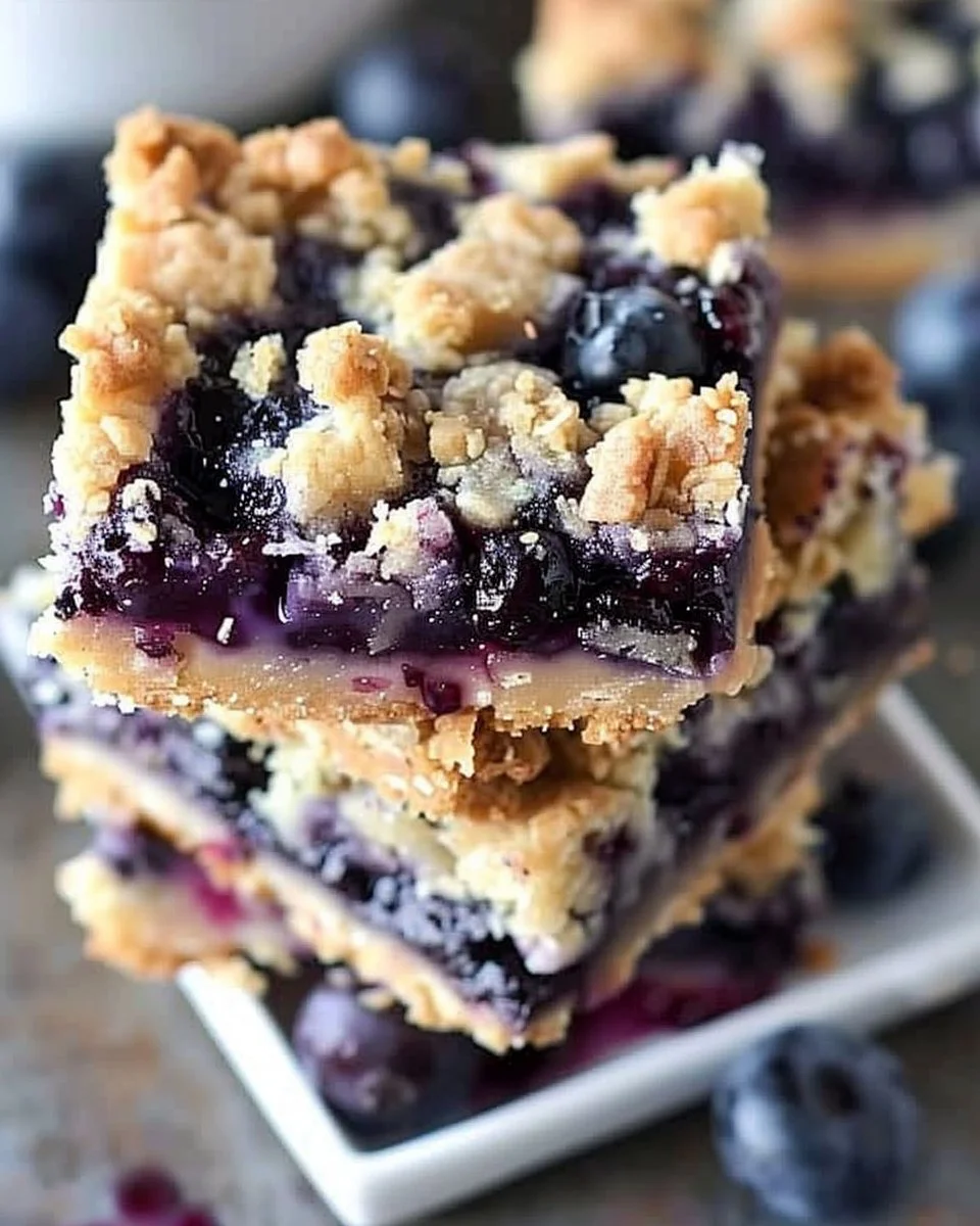 Homemade blueberry crumble bars with a golden crumble topping