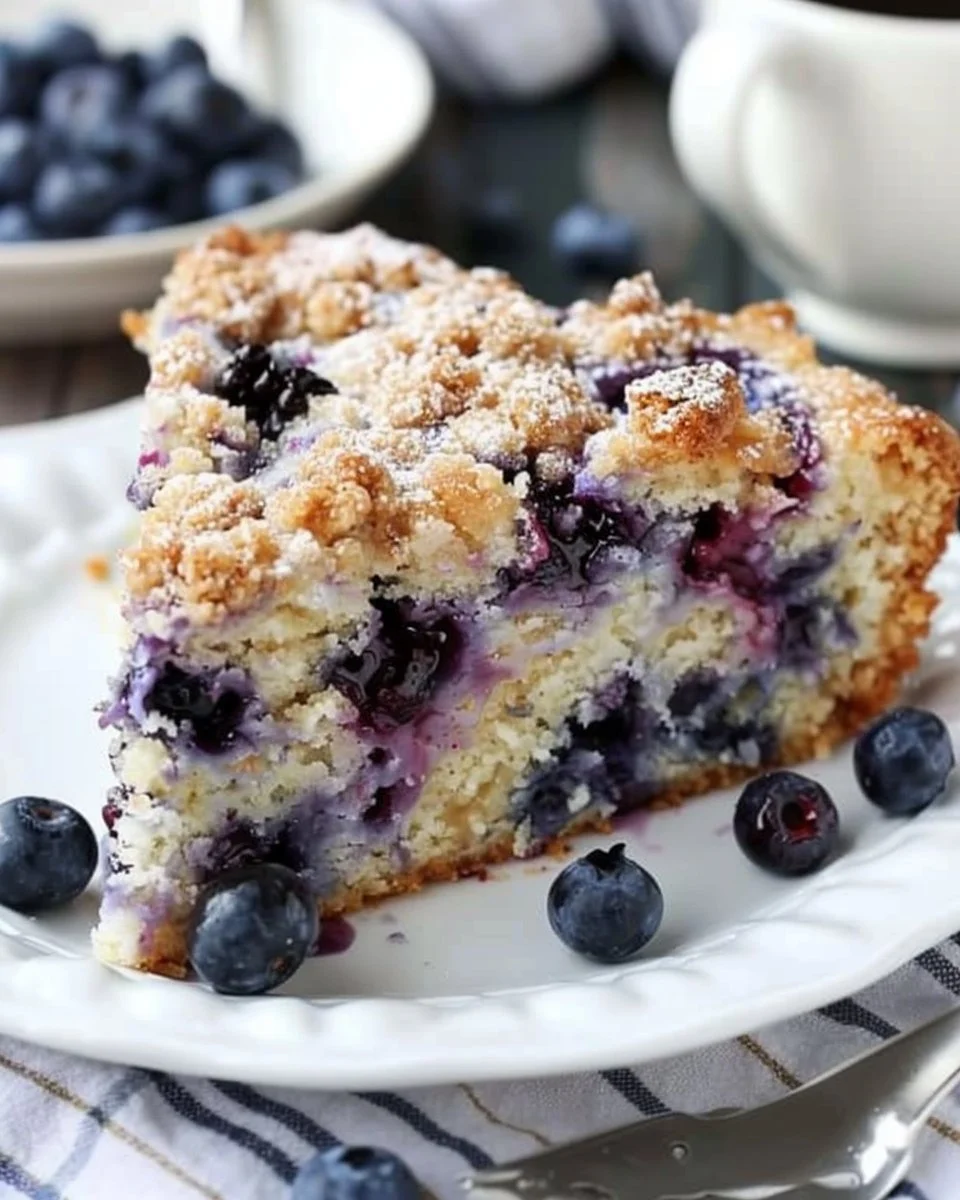 Blueberry streusel coffee cake slice on a plate with fresh blueberries