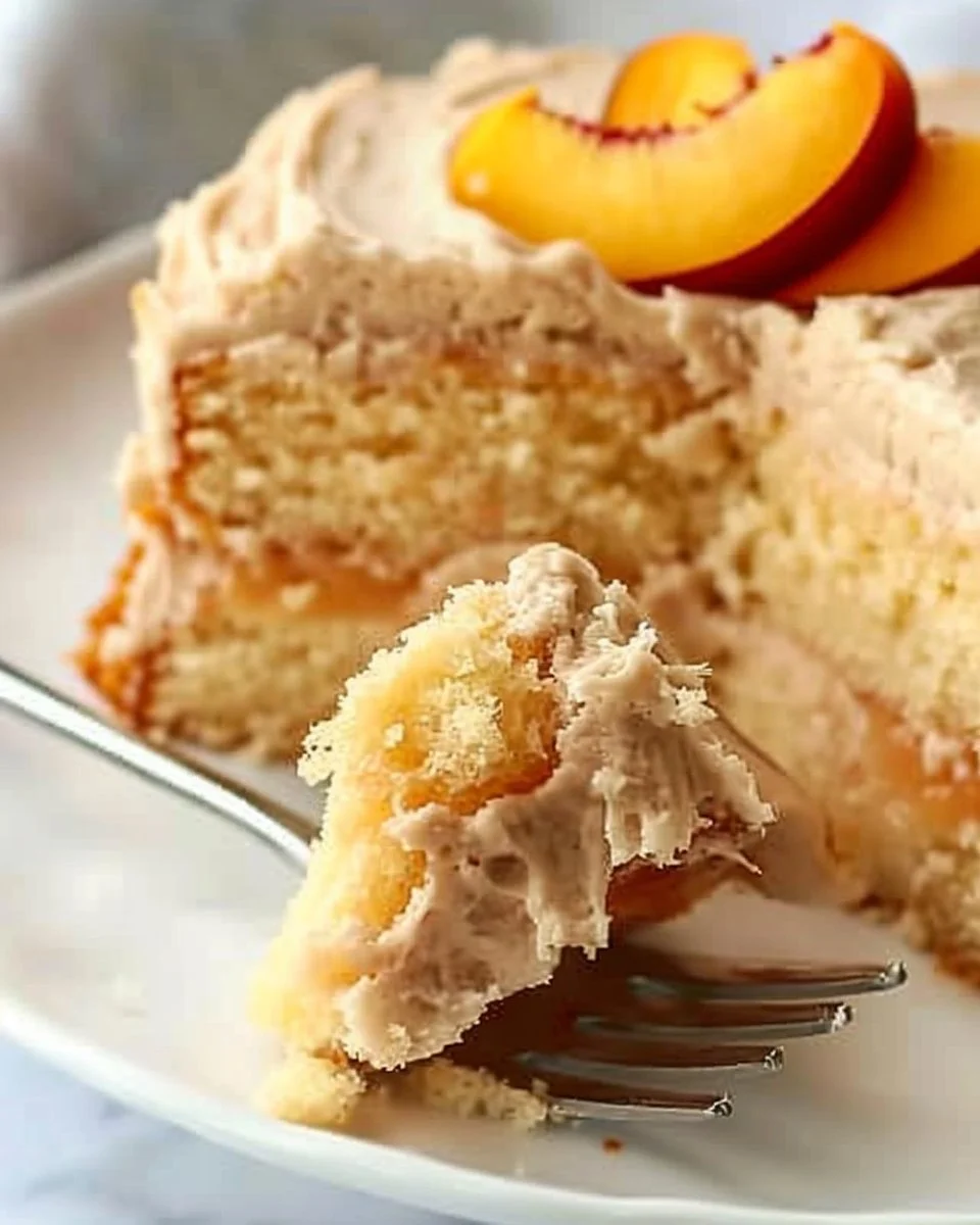 Brown Sugar Frosted Peach Cake with fresh peaches and creamy frosting.
