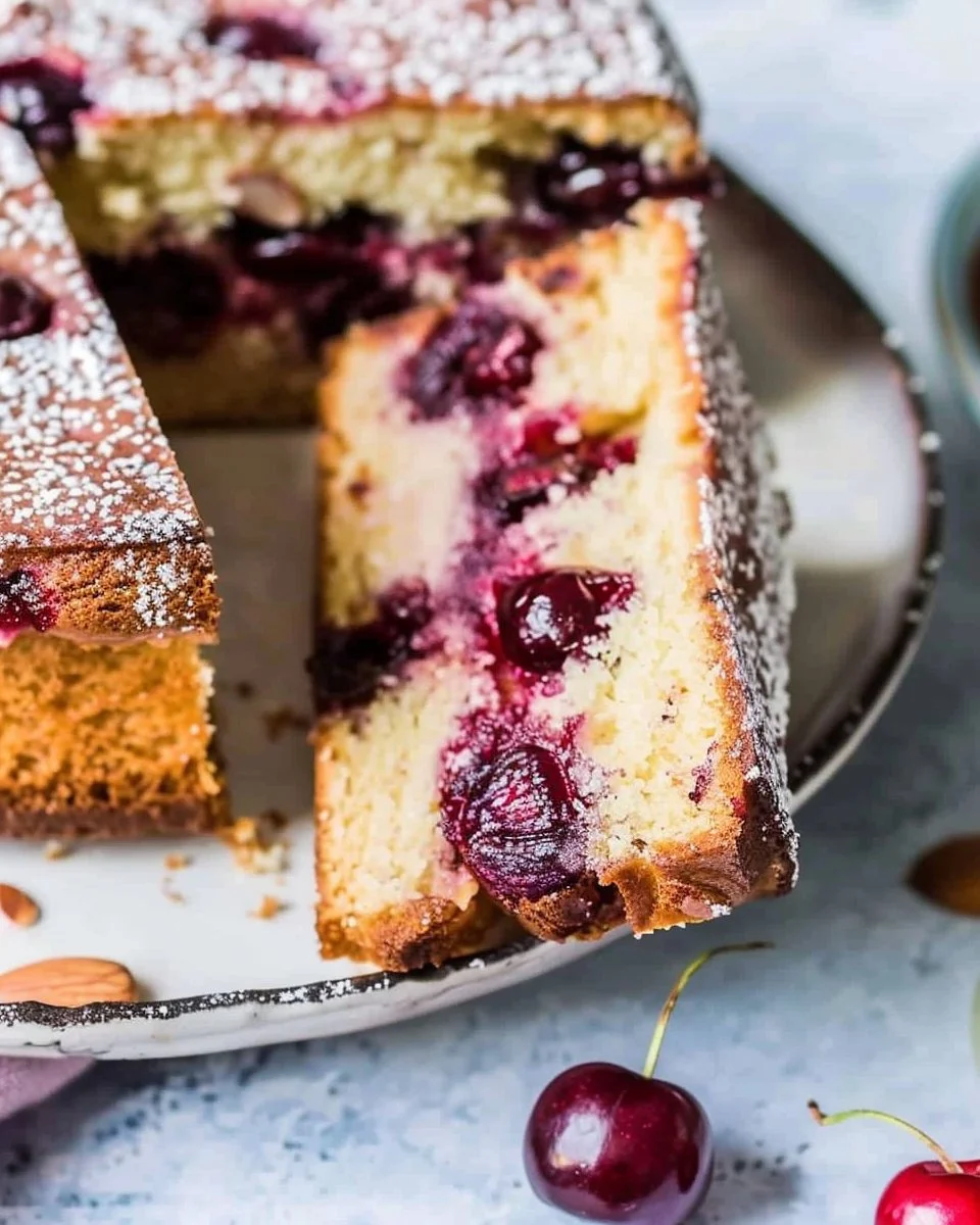 Delicious Cherry Almond Cake with cherries and almonds, perfect for dessert.