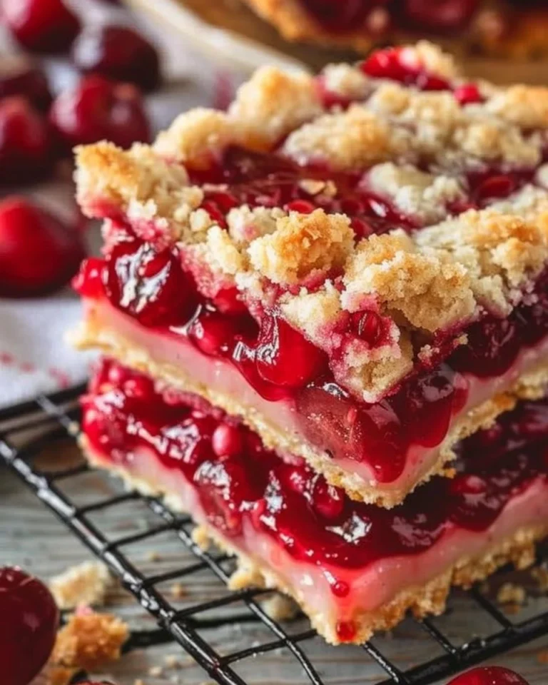 Delicious Cherry Pie Bars topped with fresh cherries and flaky crust