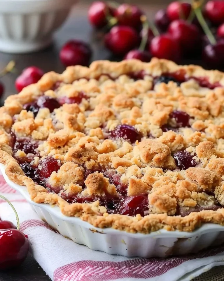 Delicious cherry pie with crumb topping, fresh out of the oven.
