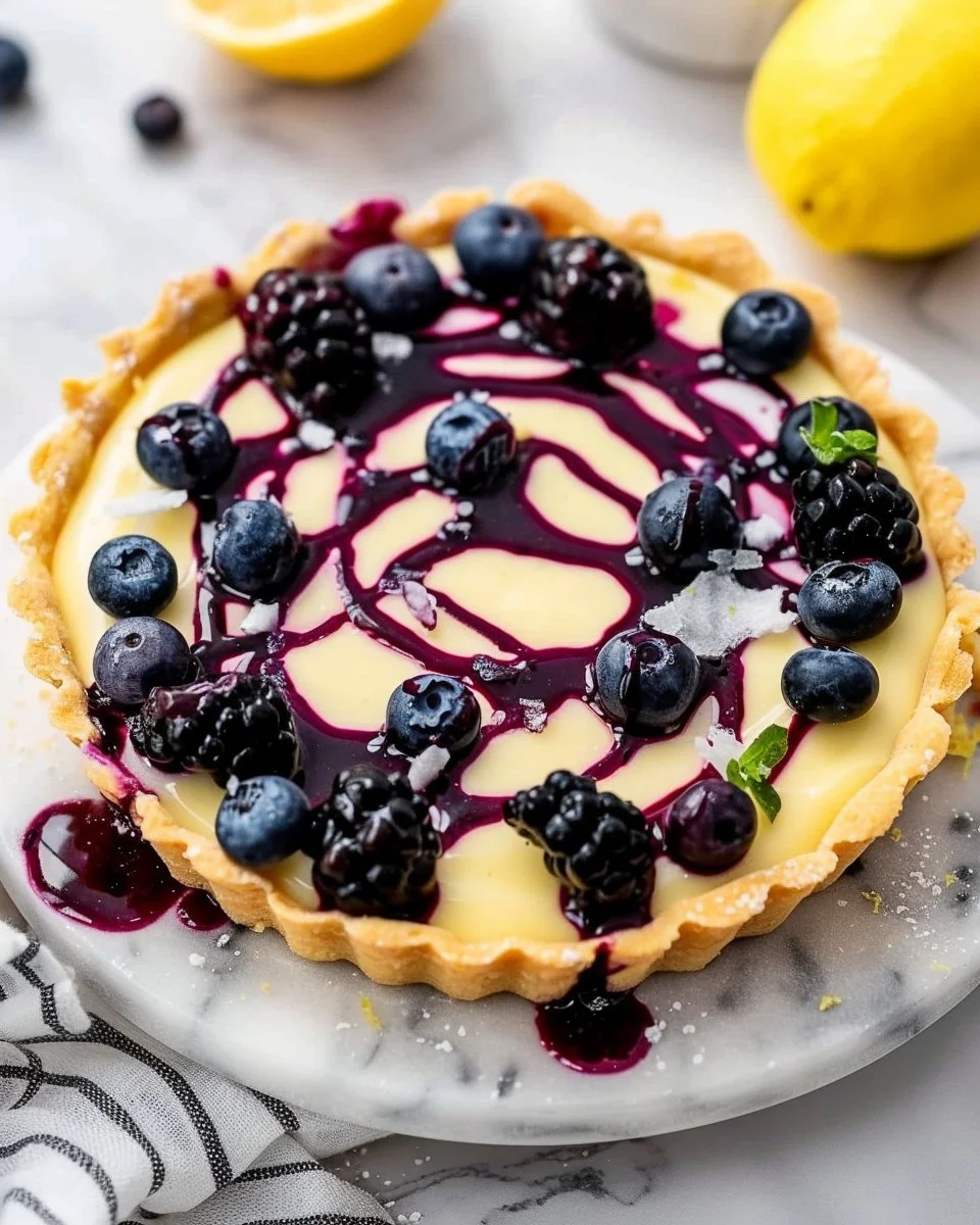 Creamy lemon tart drizzled with blueberry sauce on a white plate
