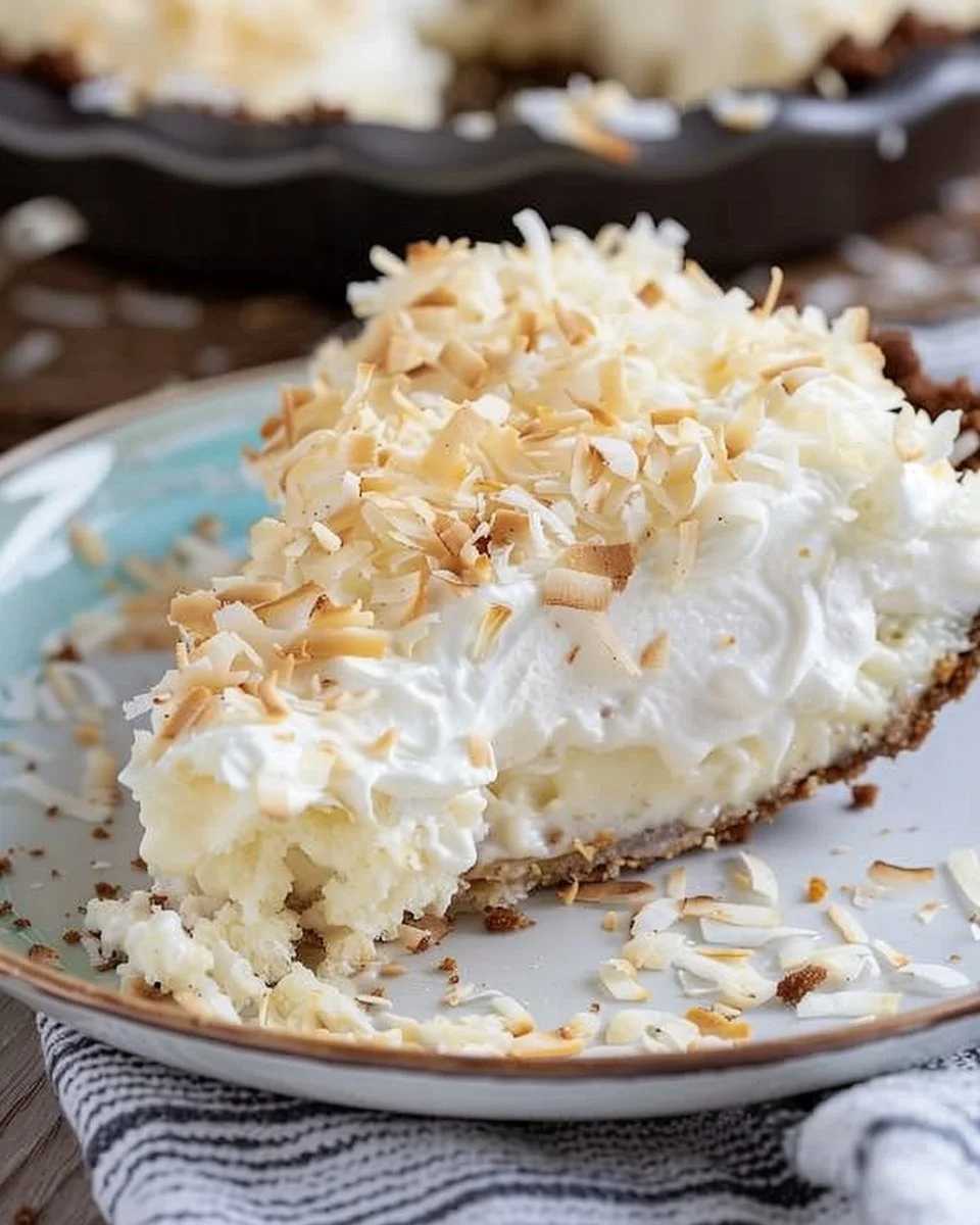 No bake coconut cream pie topped with whipped cream and coconut flakes