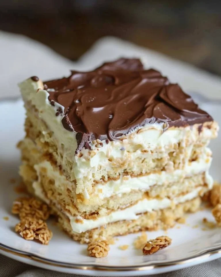 Decadent Eclair Icebox Cake layered with cream and chocolate