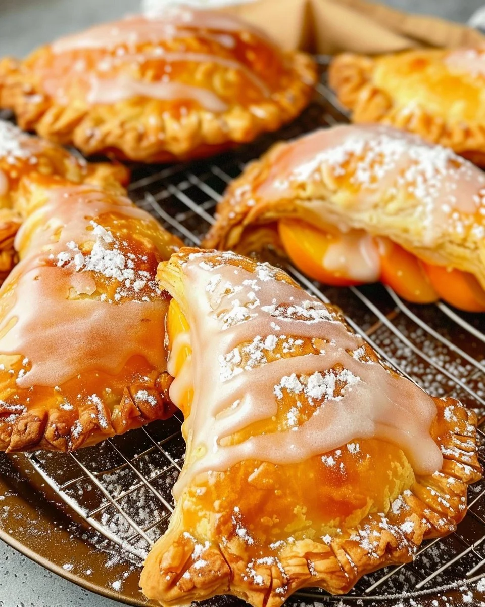 Delicious fried peach pies served on a plate, crispy and golden brown.