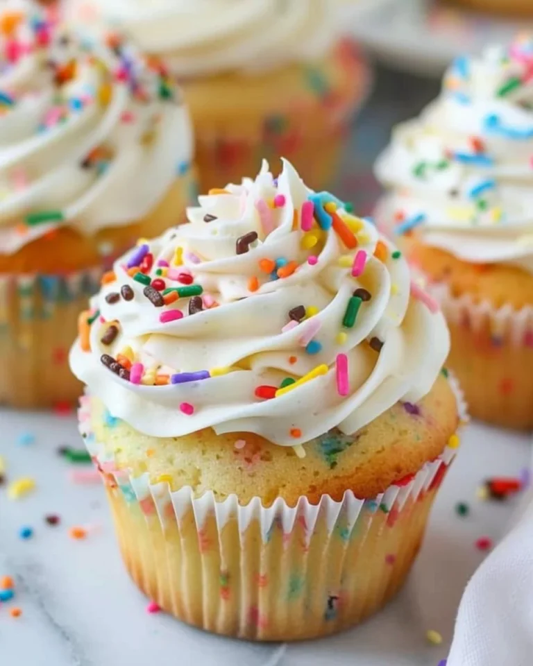 Delicious Funfetti Cupcakes topped with colorful sprinkles on a plate