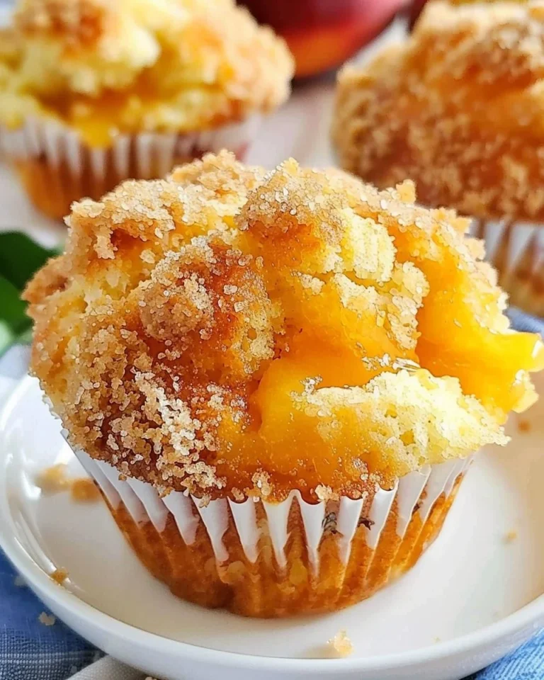 Freshly baked homemade peach cobbler muffins with peaches and cinnamon