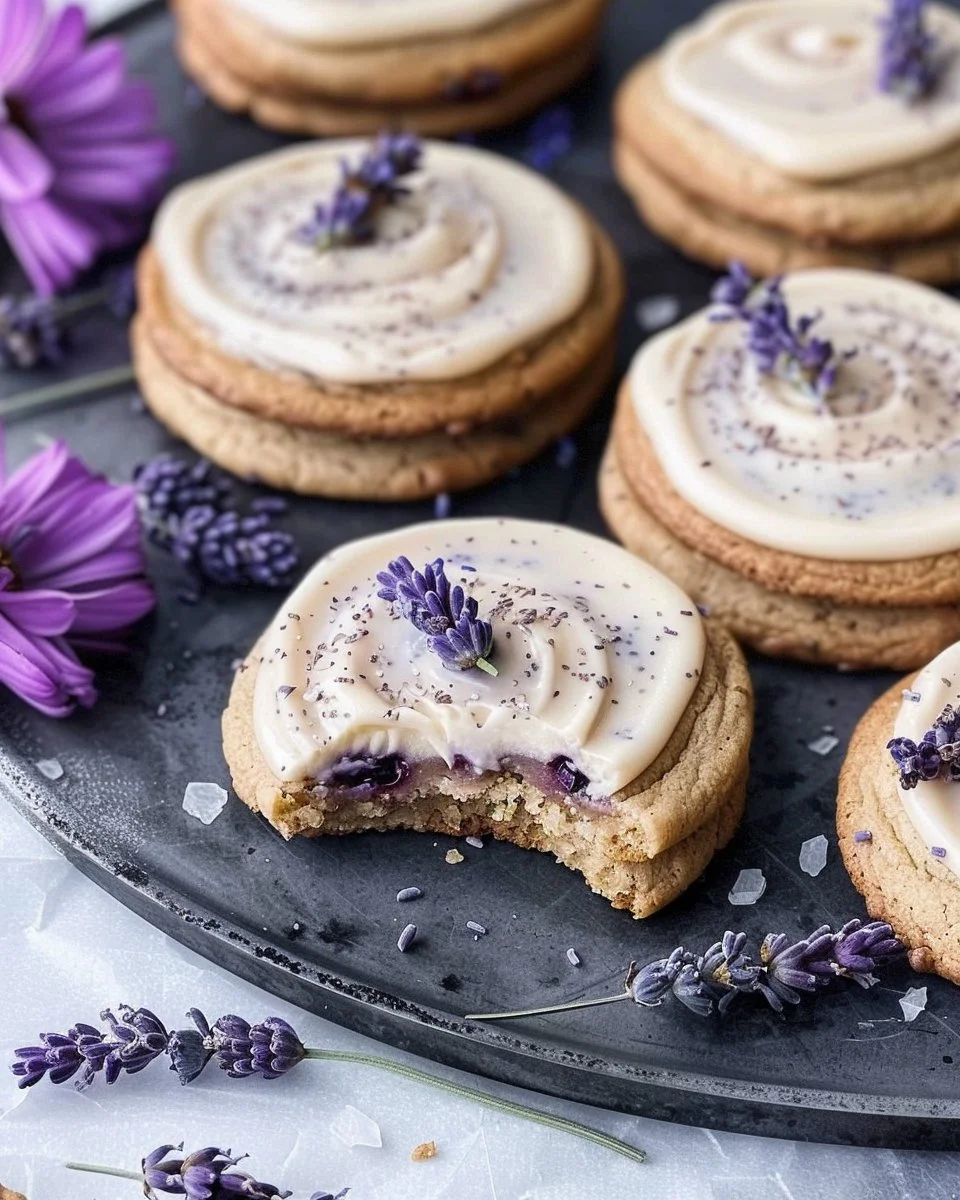 Freshly baked honey lavender latte cookies on a cozy kitchen table.