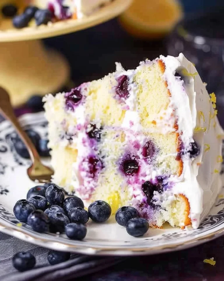 Moist lemon blueberry cake with bright yellow and blue hues, served on a white plate