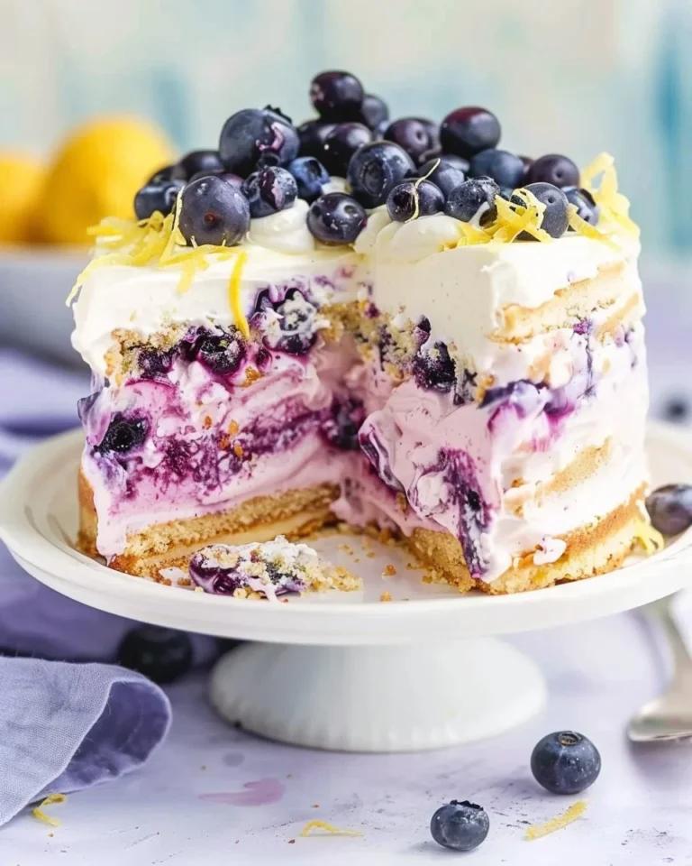 Delicious Lemon Blueberry Icebox Cake layered with fresh blueberries and lemon cream.
