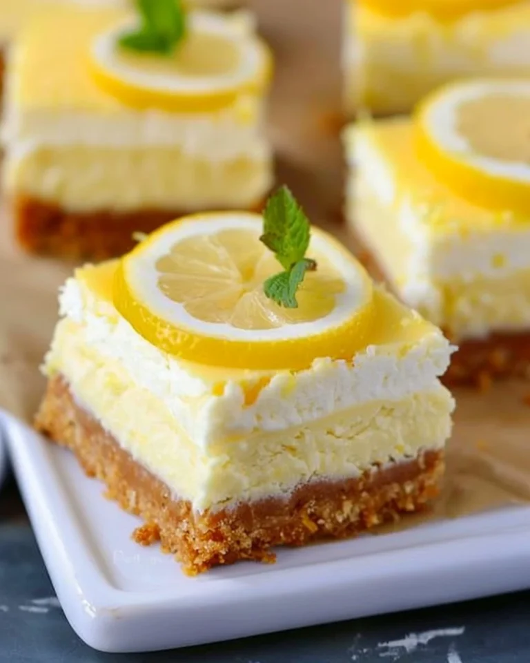 Fresh lemon cheesecake bars on a serving plate, garnished with lemon zest.