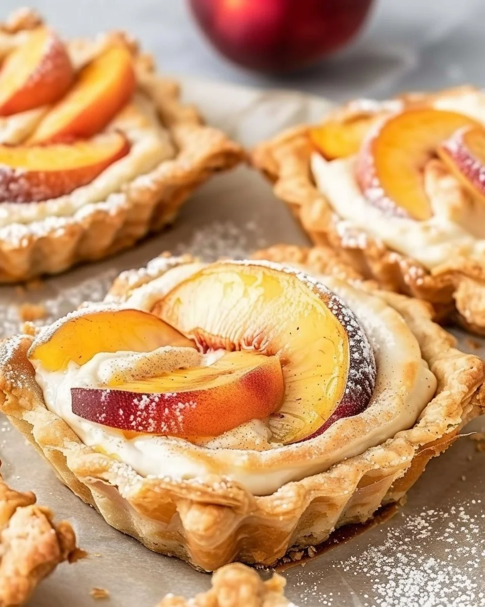 Mini Peach and Cream Cheese Tarts topped with fresh peach slices and a creamy filling