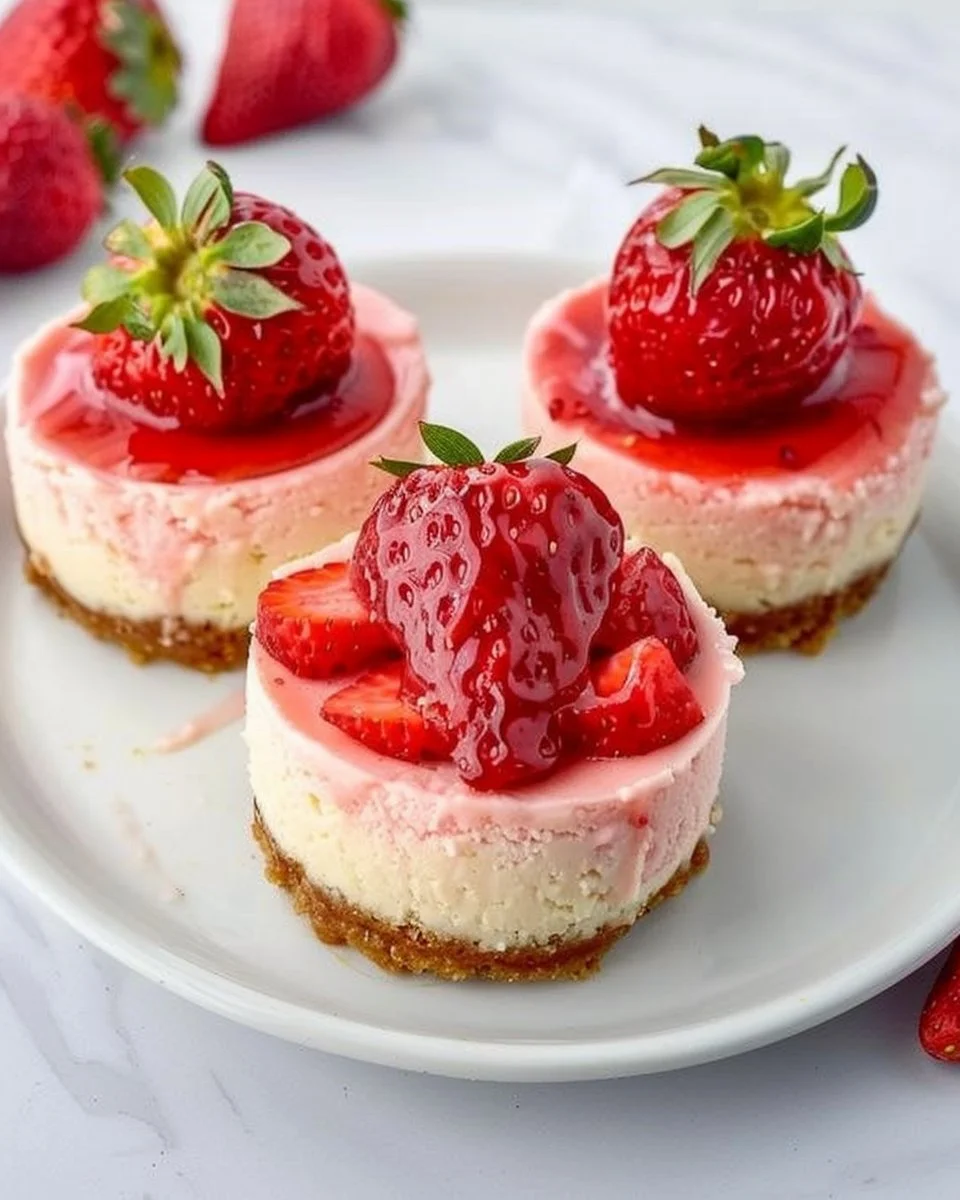 Mini Strawberry Cheesecake dessert topped with fresh strawberries