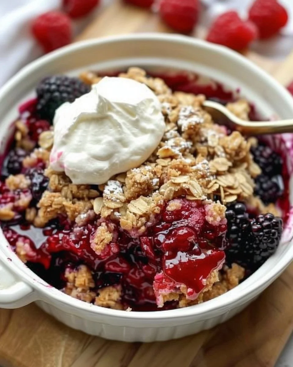 Fresh mixed berry crisp dessert with a crunchy topping in a baking dish.