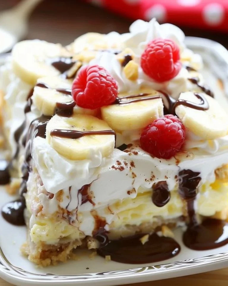 Delicious no-bake banana split dessert with fresh bananas, ice cream, and toppings