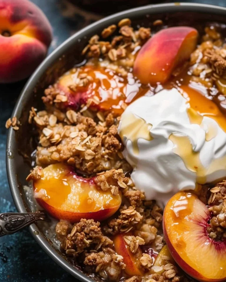 Delicious homemade Peach Crisp dessert with fresh peaches and crunchy topping.