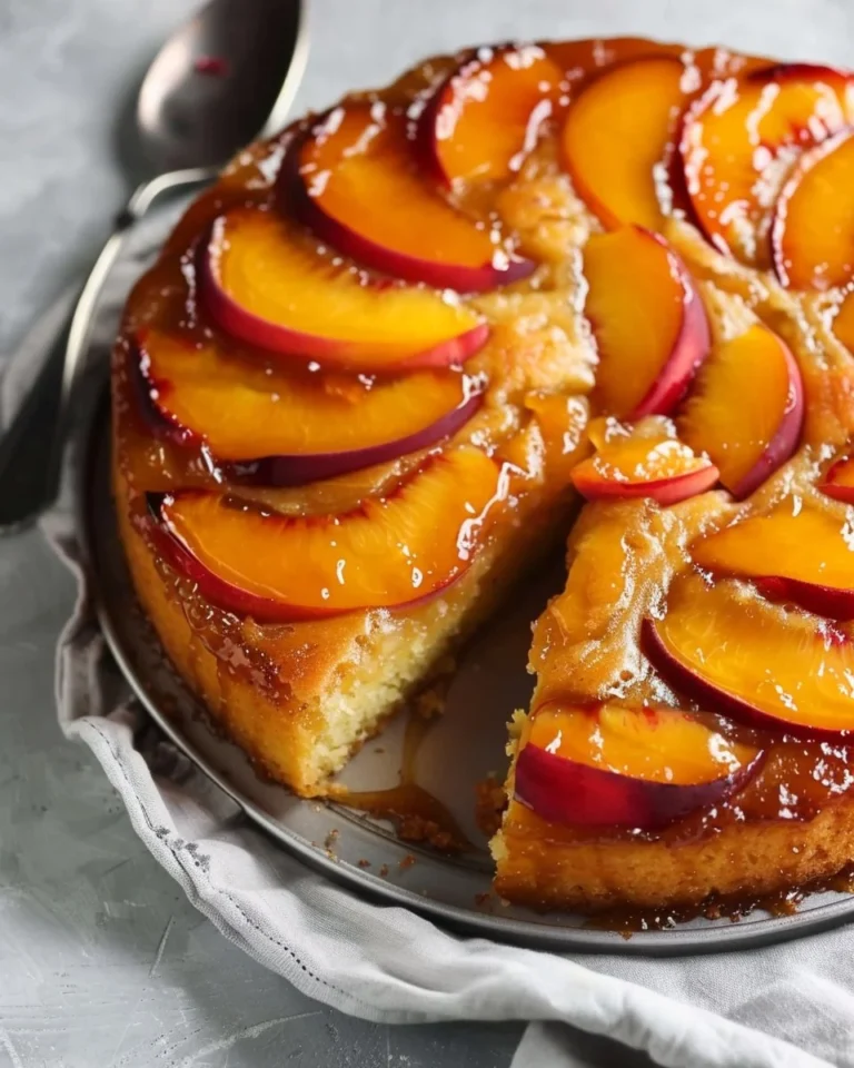 Delicious Peach Upside-Down Cake with caramelized peaches on top