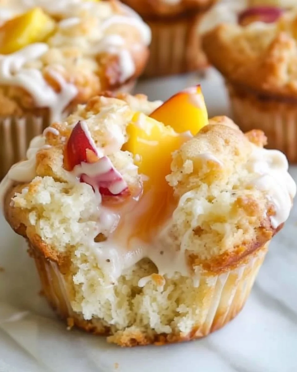 Freshly baked Peaches and Cream Muffins with a creamy topping