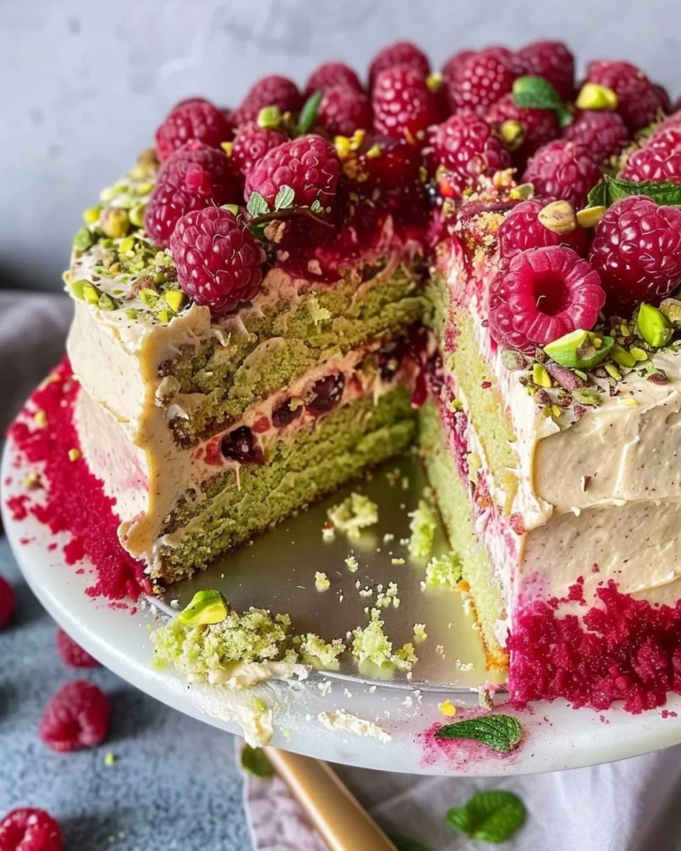 Delicious Pistachio Raspberry Cake topped with fresh raspberries and pistachios