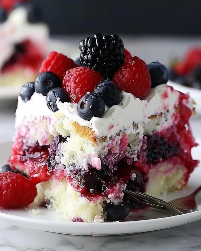 Poke cake topped with fresh summer berries, perfect for dessert.