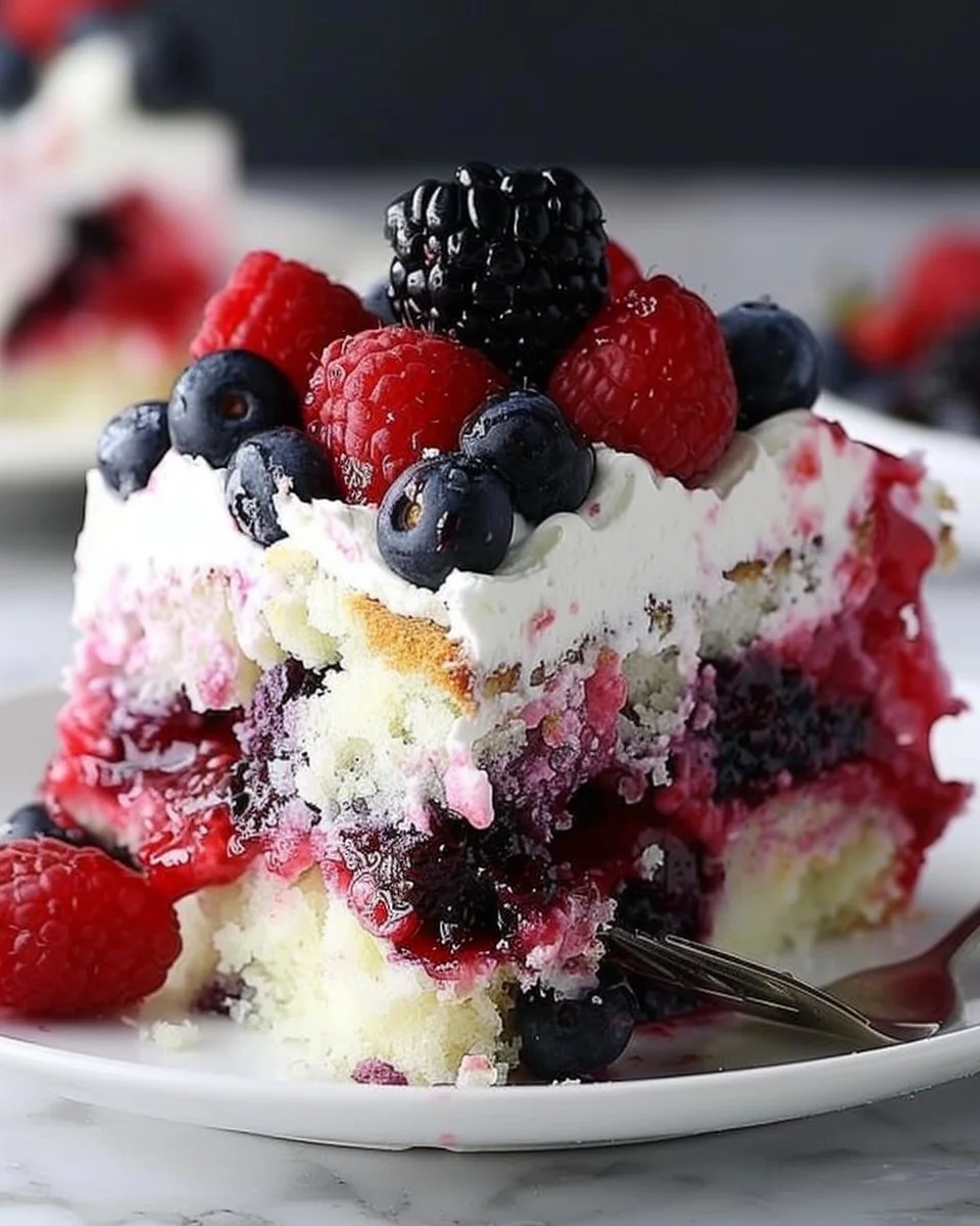 Poke cake topped with fresh summer berries, perfect for dessert.