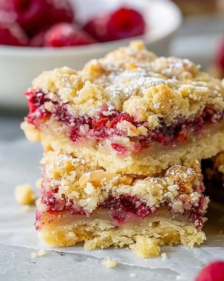 Freshly baked Raspberry Almond Crumb Bars with a golden crumb topping
