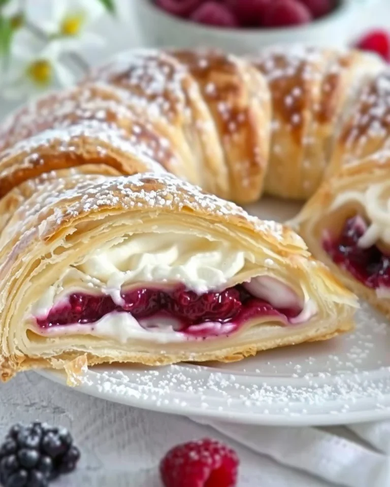 Raspberry cream cheese crescent ring pastry with a golden flaky crust