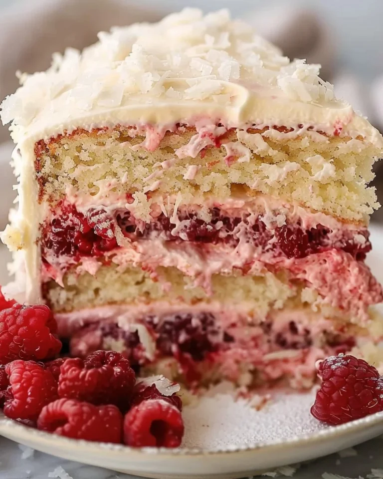 Delicious Raspberry Layer Cake with fresh raspberries and creamy frosting