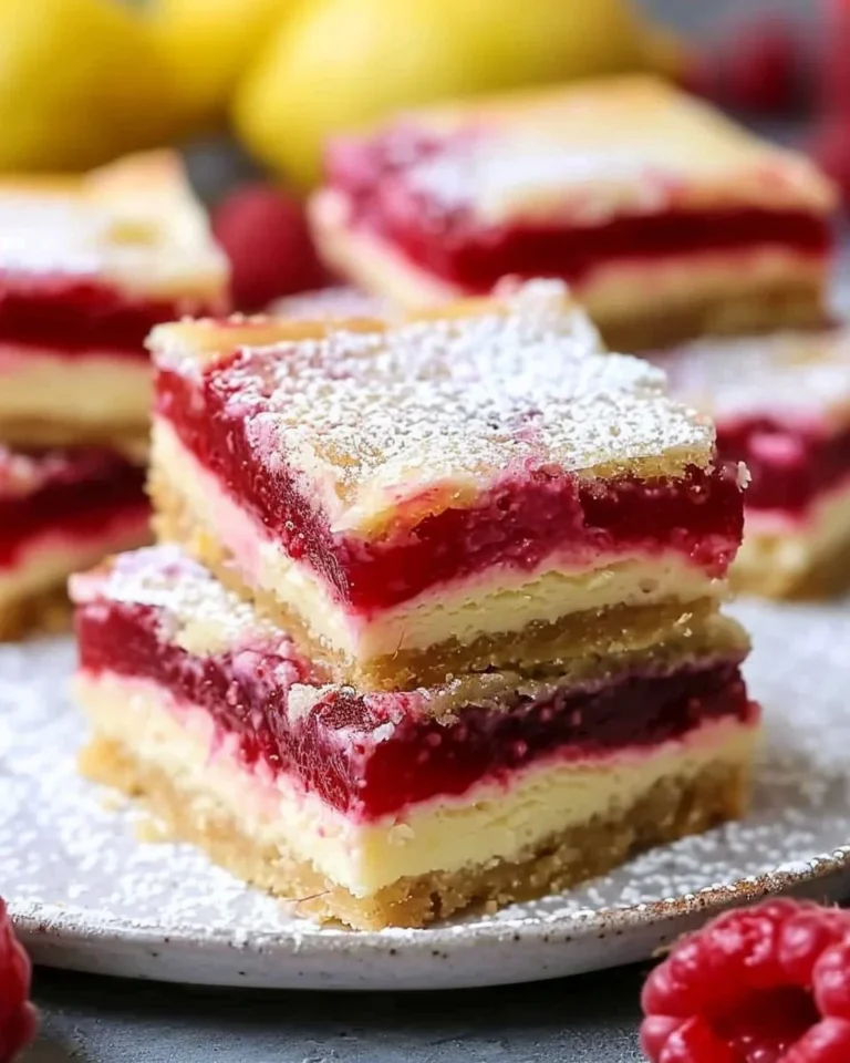 Delicious Raspberry Lemon Cheesecake Bars garnished with fresh raspberries and lemon zest.
