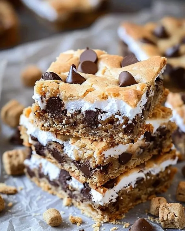 Delicious S'mores Cookie Bars topped with chocolate and marshmallows