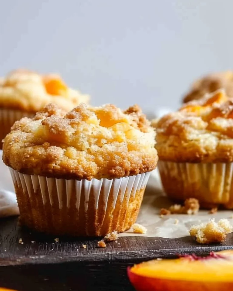 Freshly baked sour cream peach muffins with a golden crust and peach chunks