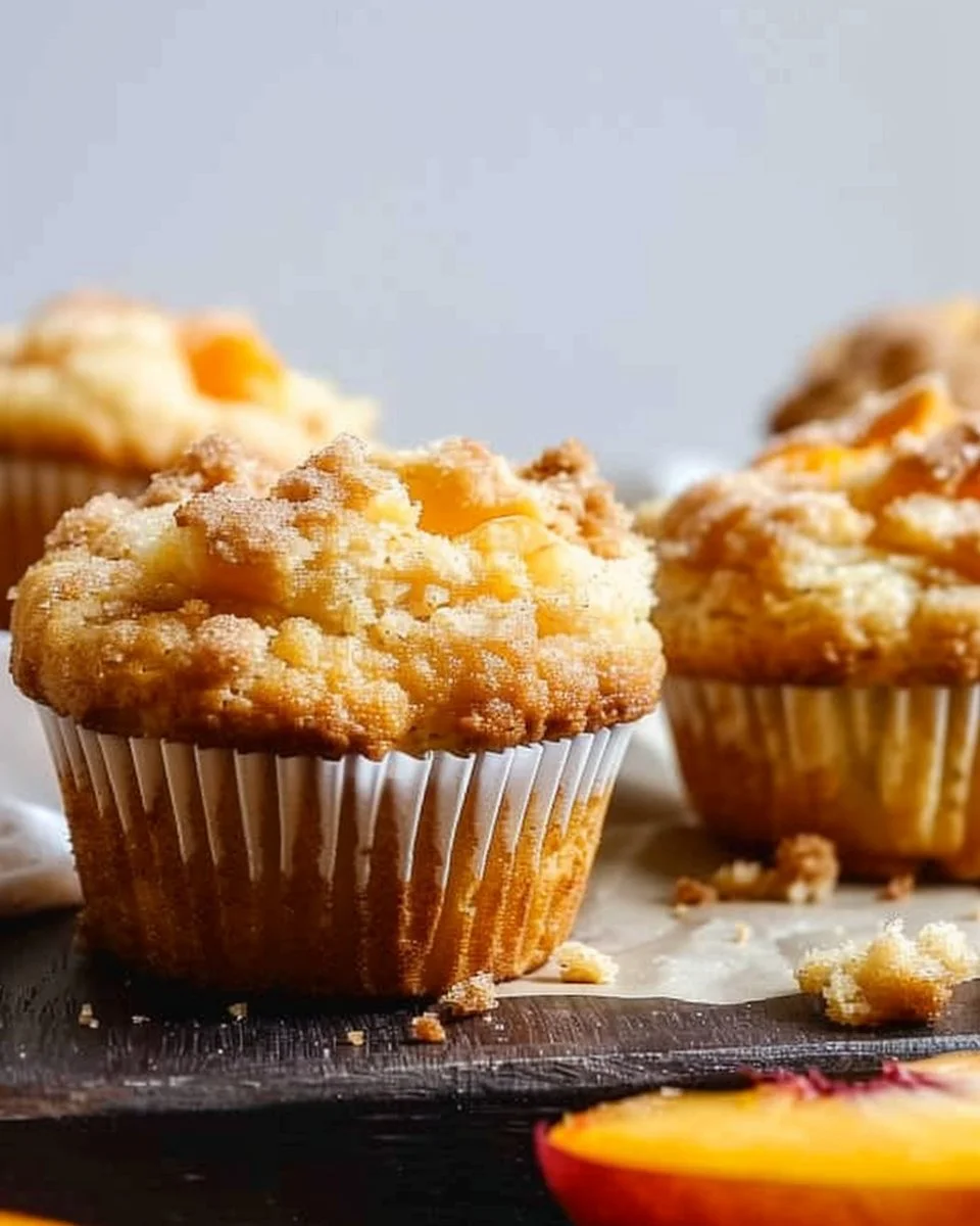 Freshly baked sour cream peach muffins with a golden crust and peach chunks