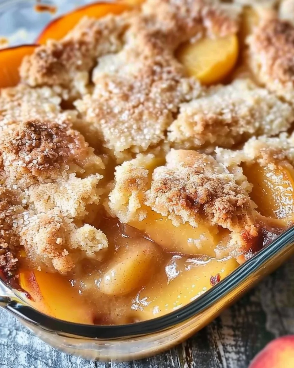 Homemade Southern Peach Cobbler topped with vanilla ice cream