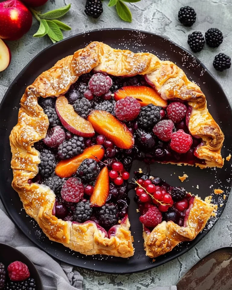 Freshly baked stone fruit and blackberry galette on a rustic wooden table