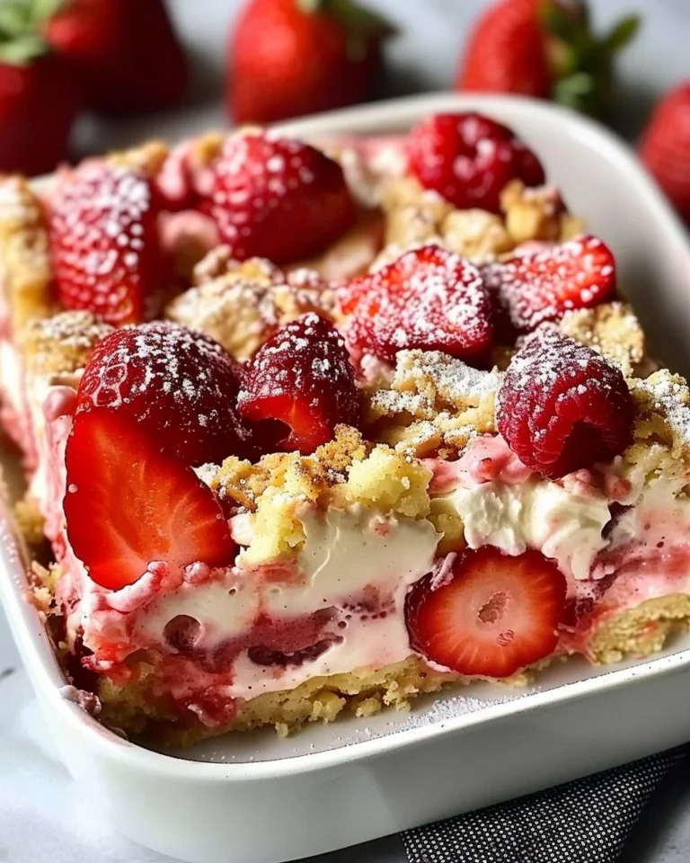 Delicious strawberry cheesecake dump cake served on a plate