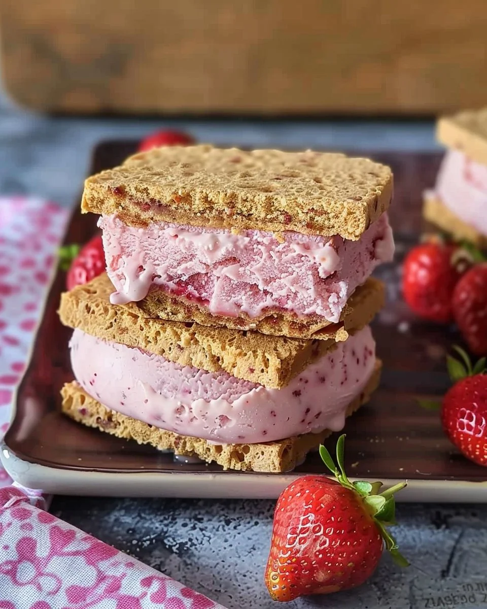 Strawberry ice cream sandwiches served on a wooden plate.