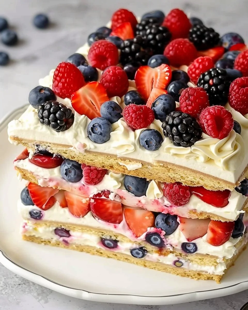 Delicious summer Berry Icebox Cake topped with fresh strawberries and blueberries.