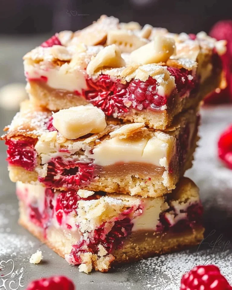 Delicious raspberry blondies with white chocolate on a plate, ready to enjoy.
