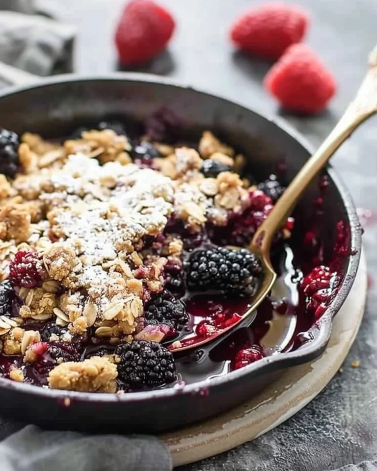 Delicious Triple Berry Crisp dessert topped with a golden crumble
