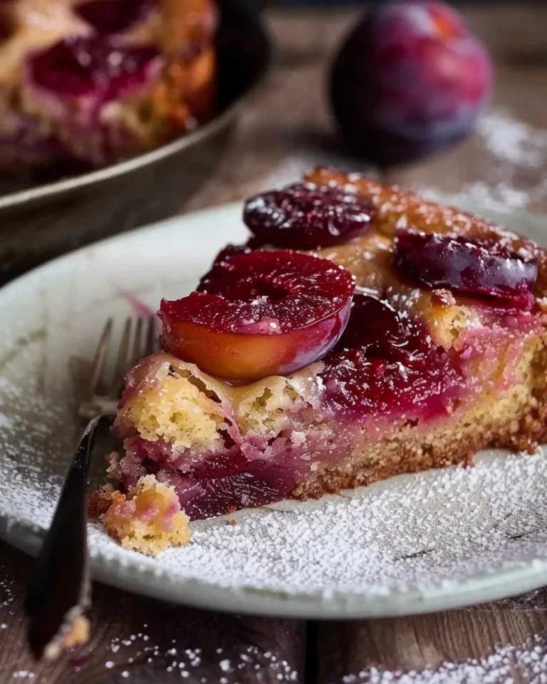 Delicious upside-down plum cake topped with fresh plums and caramel glaze