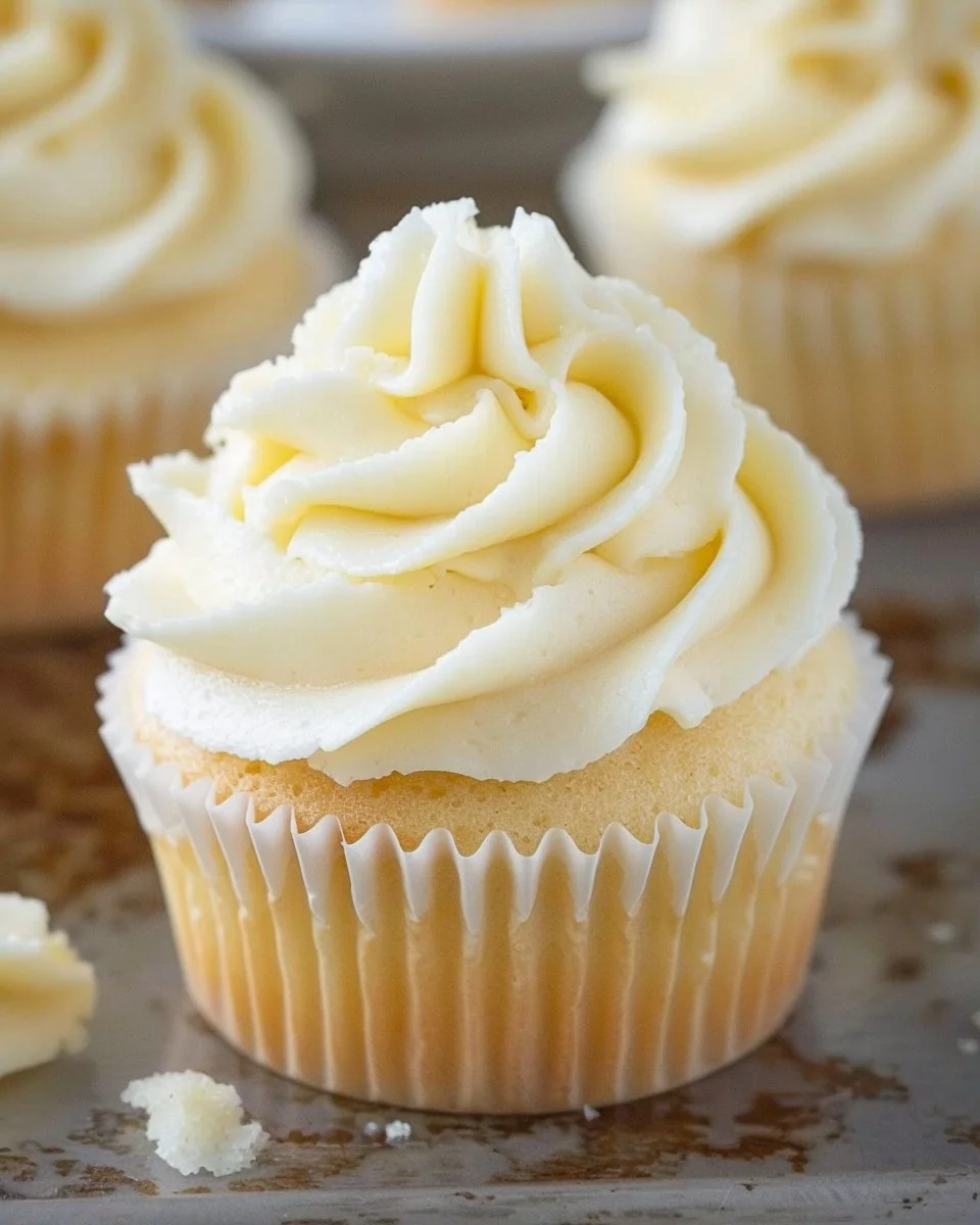 Delicious homemade vanilla cupcakes with frosting on a plate