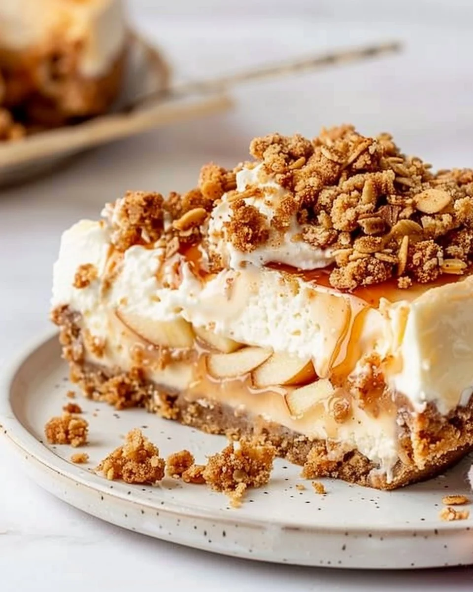 Delicious Apple Crisp Cheesecake topped with crunchy apple crisp and caramel